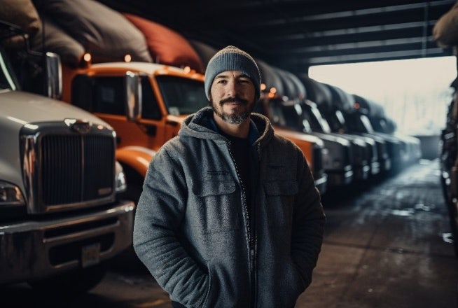 A person standing in a garage with trucks behind him Description automatically generated